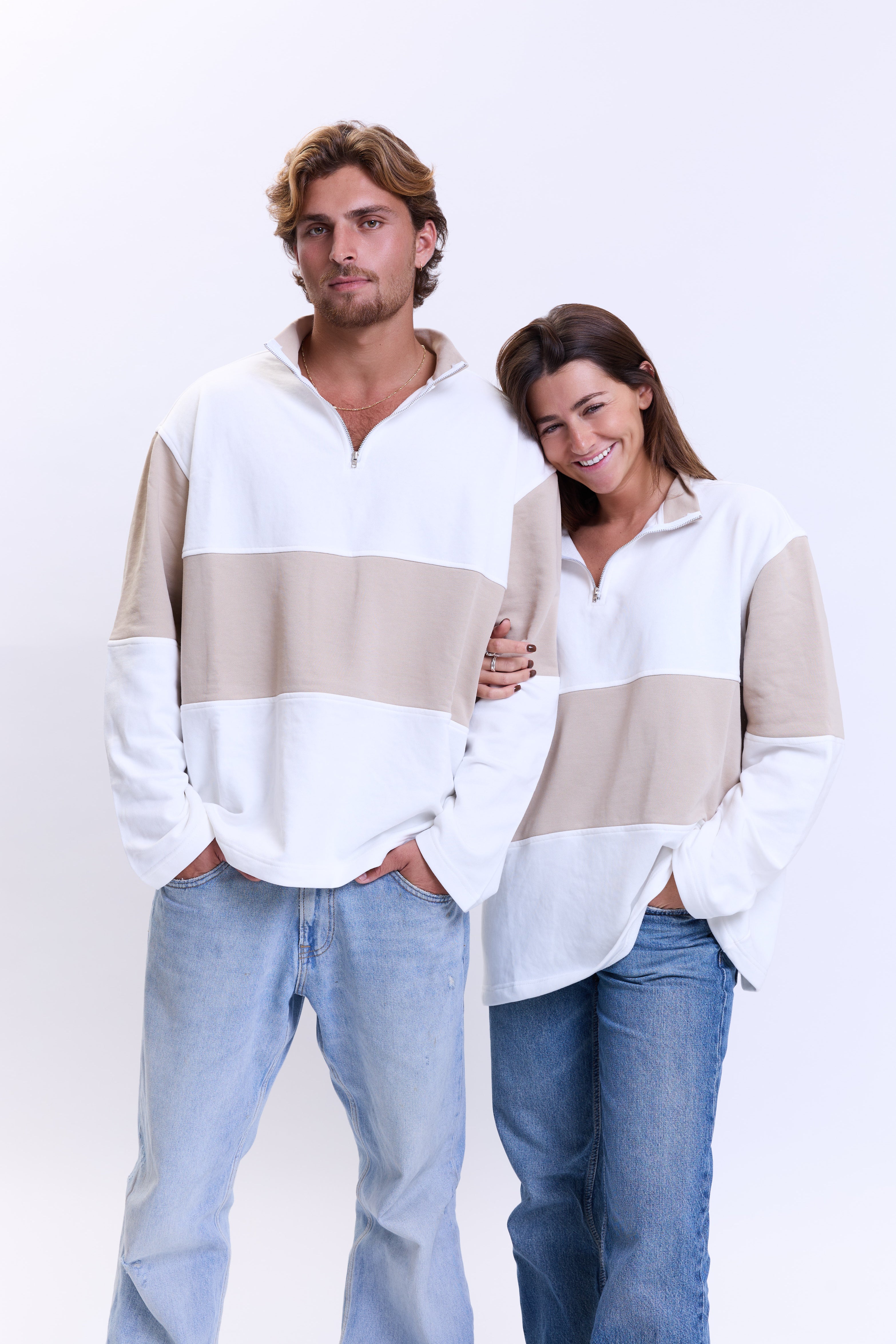 סריג zip לבן-חום