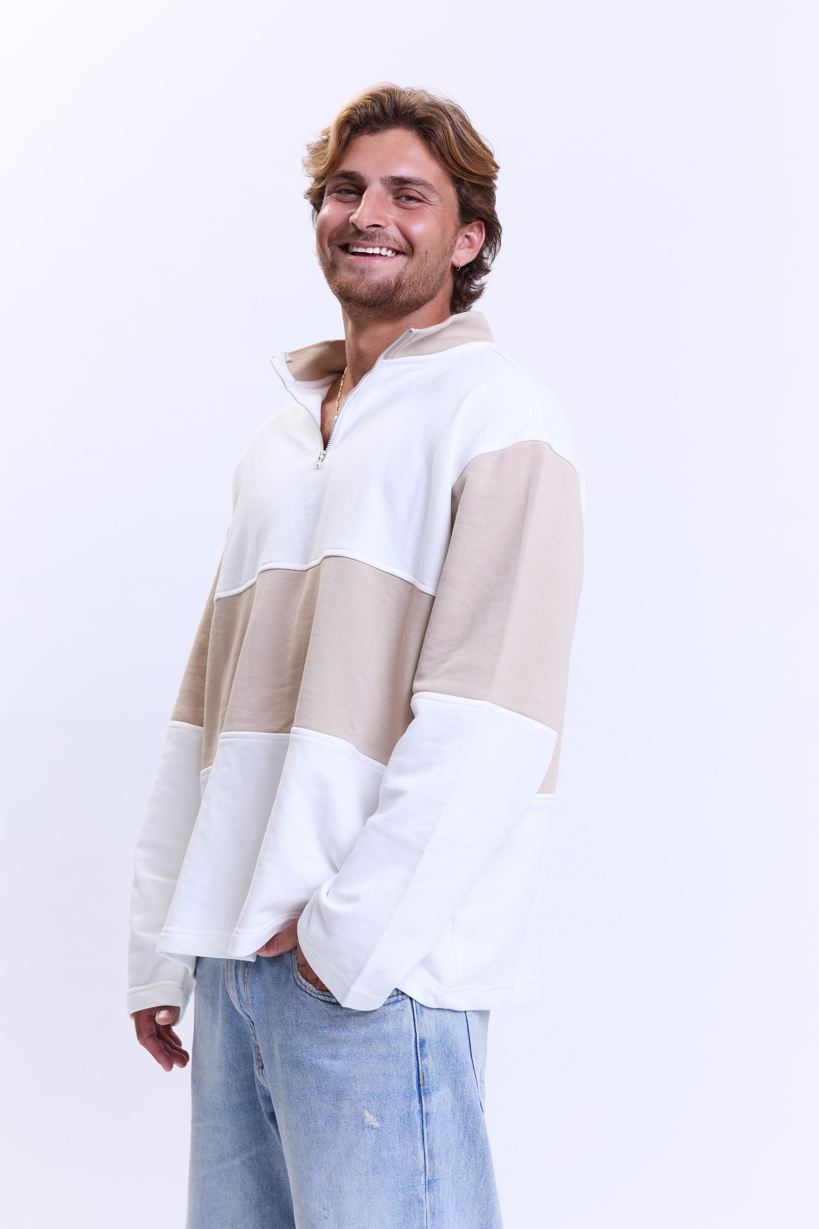 סריג zip לבן-חום