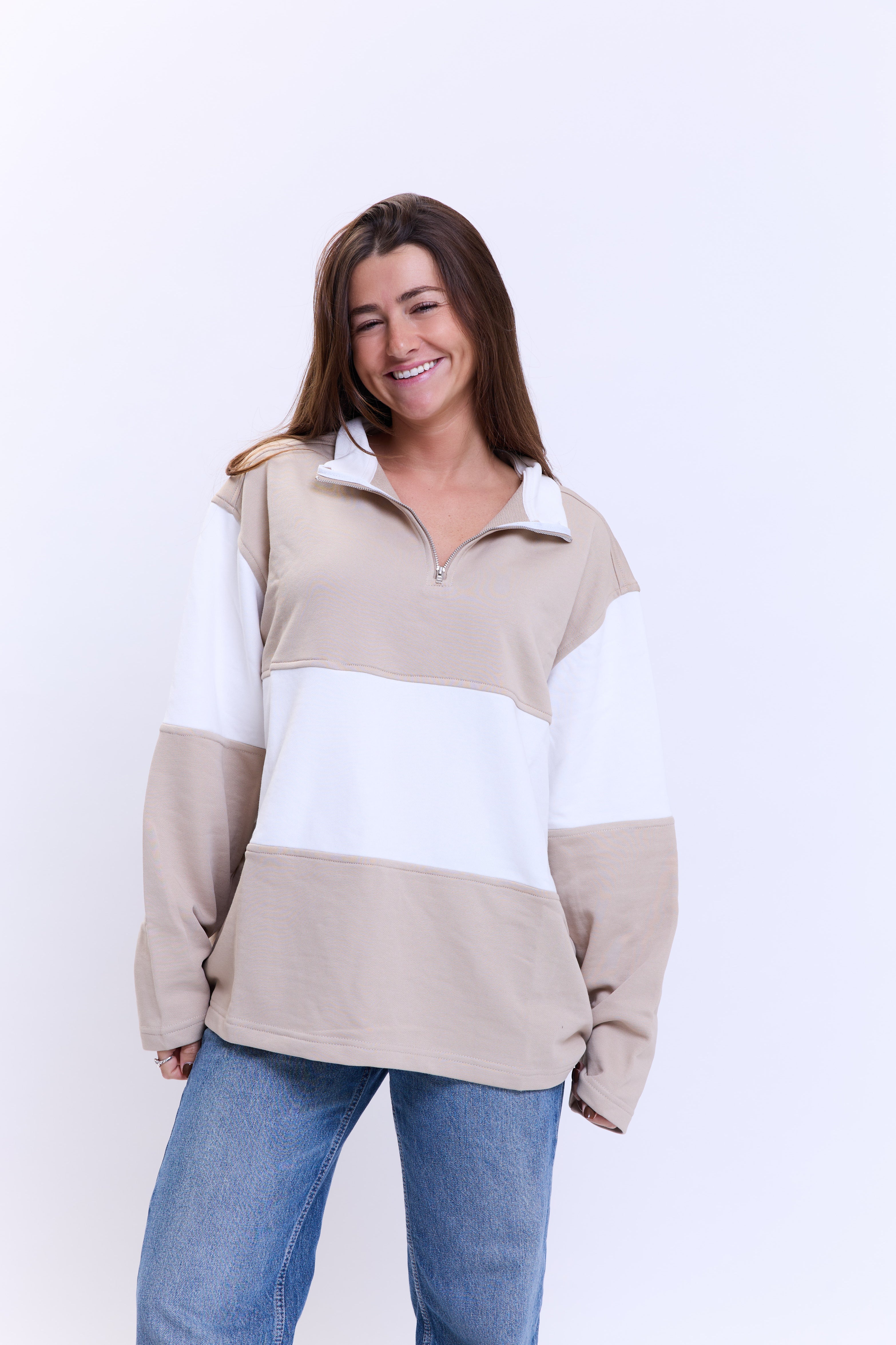 סריג zip חום-לבן