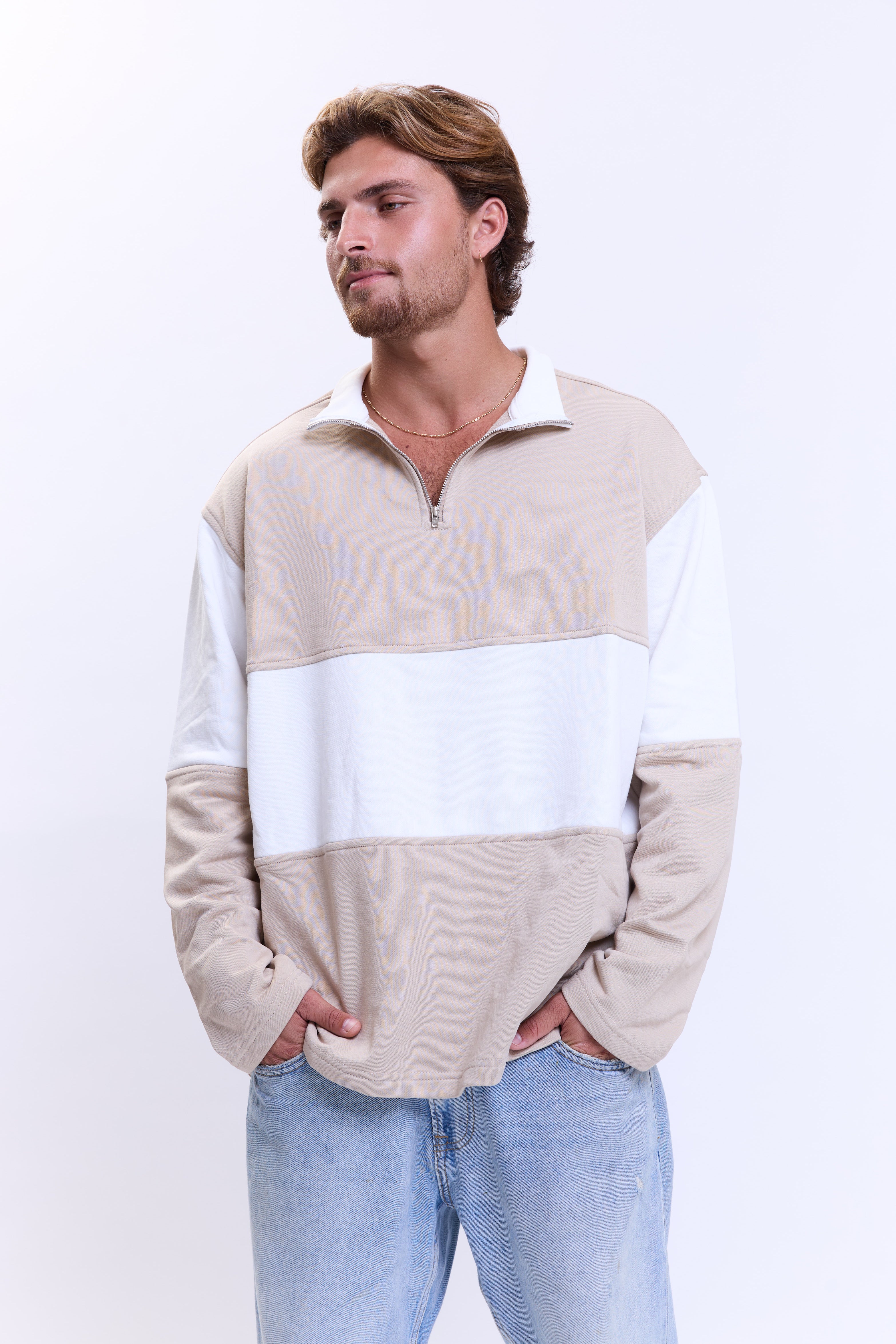 סריג zip חום-לבן