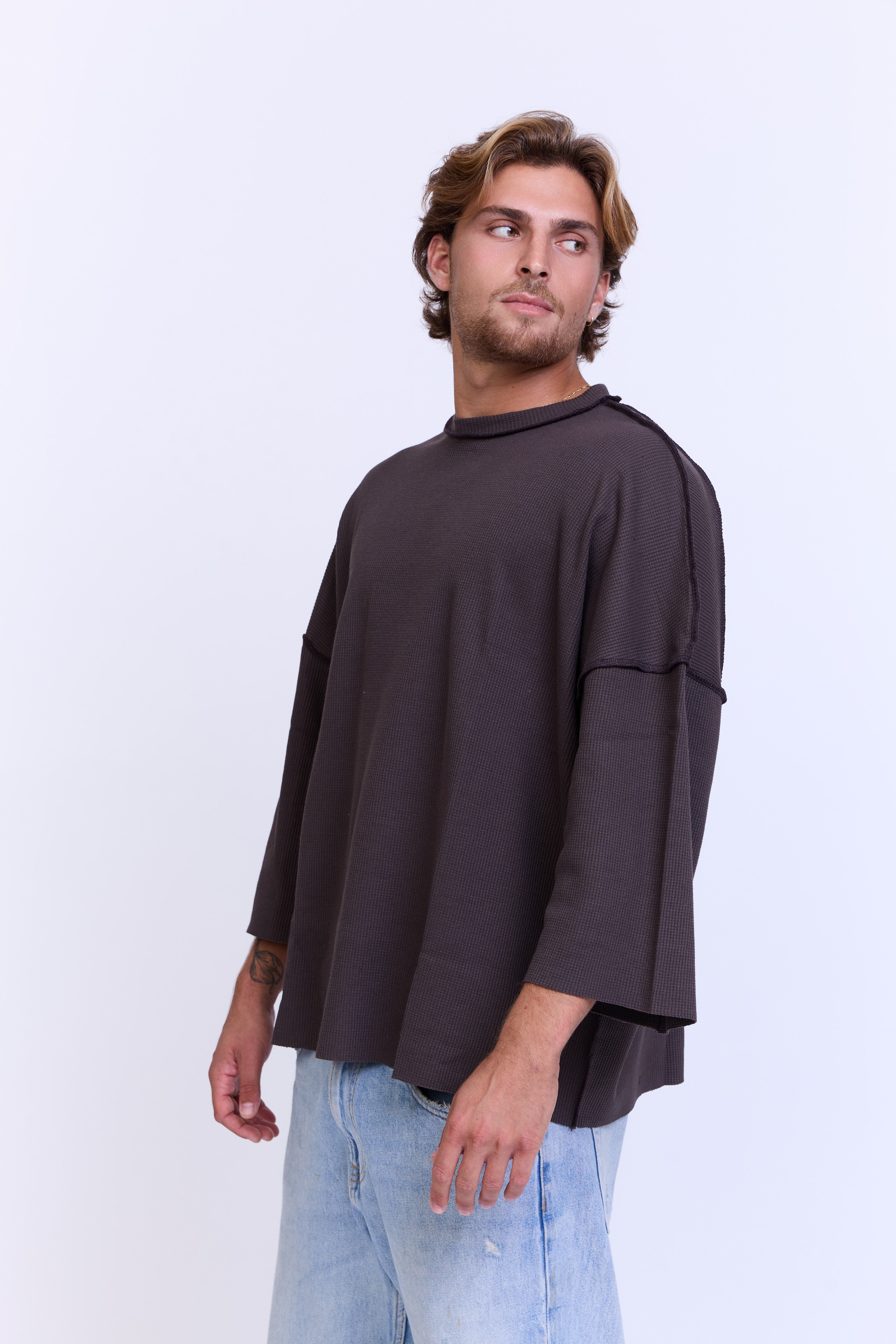 חולצת וופל ארוכה - חום