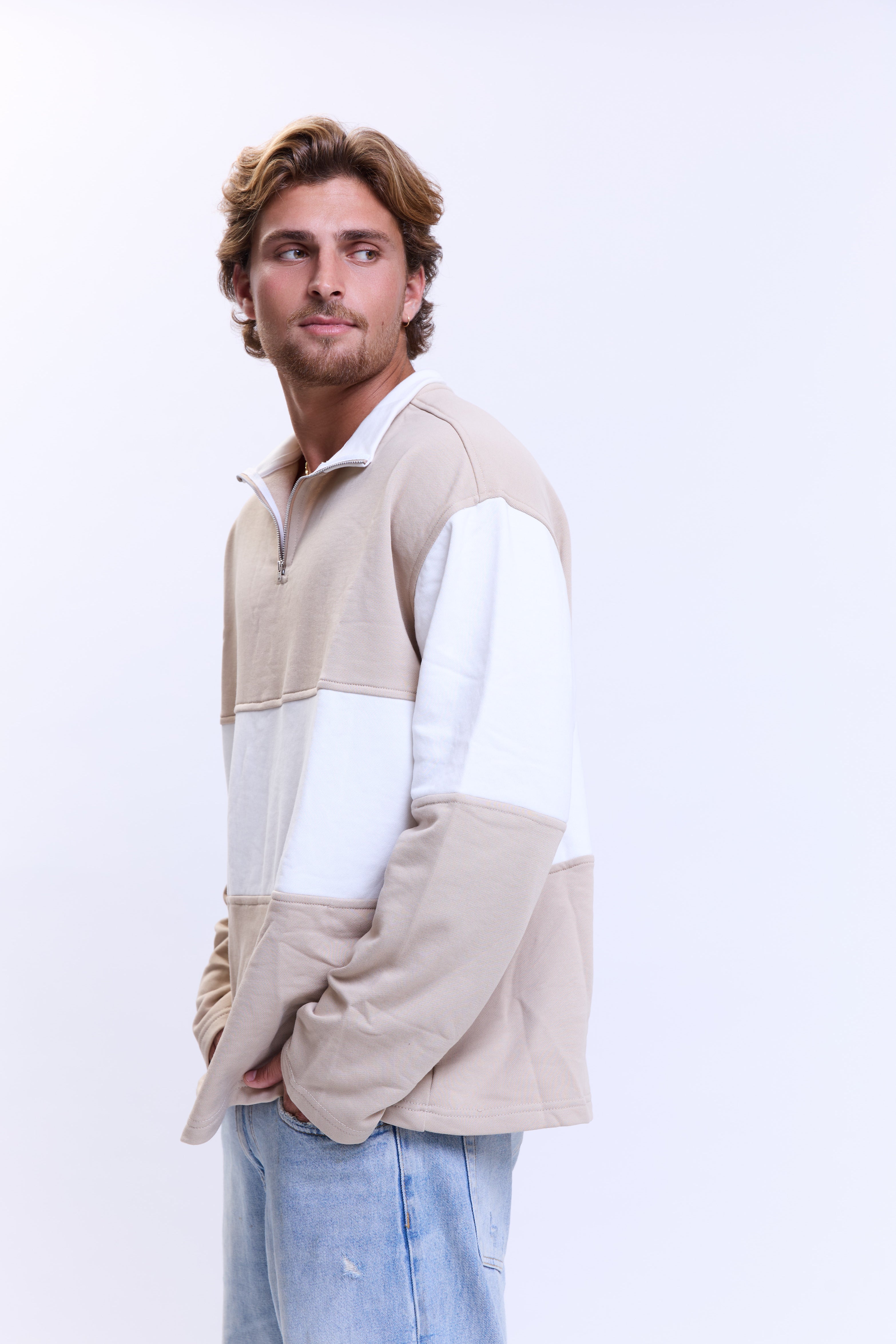 סריג zip חום-לבן